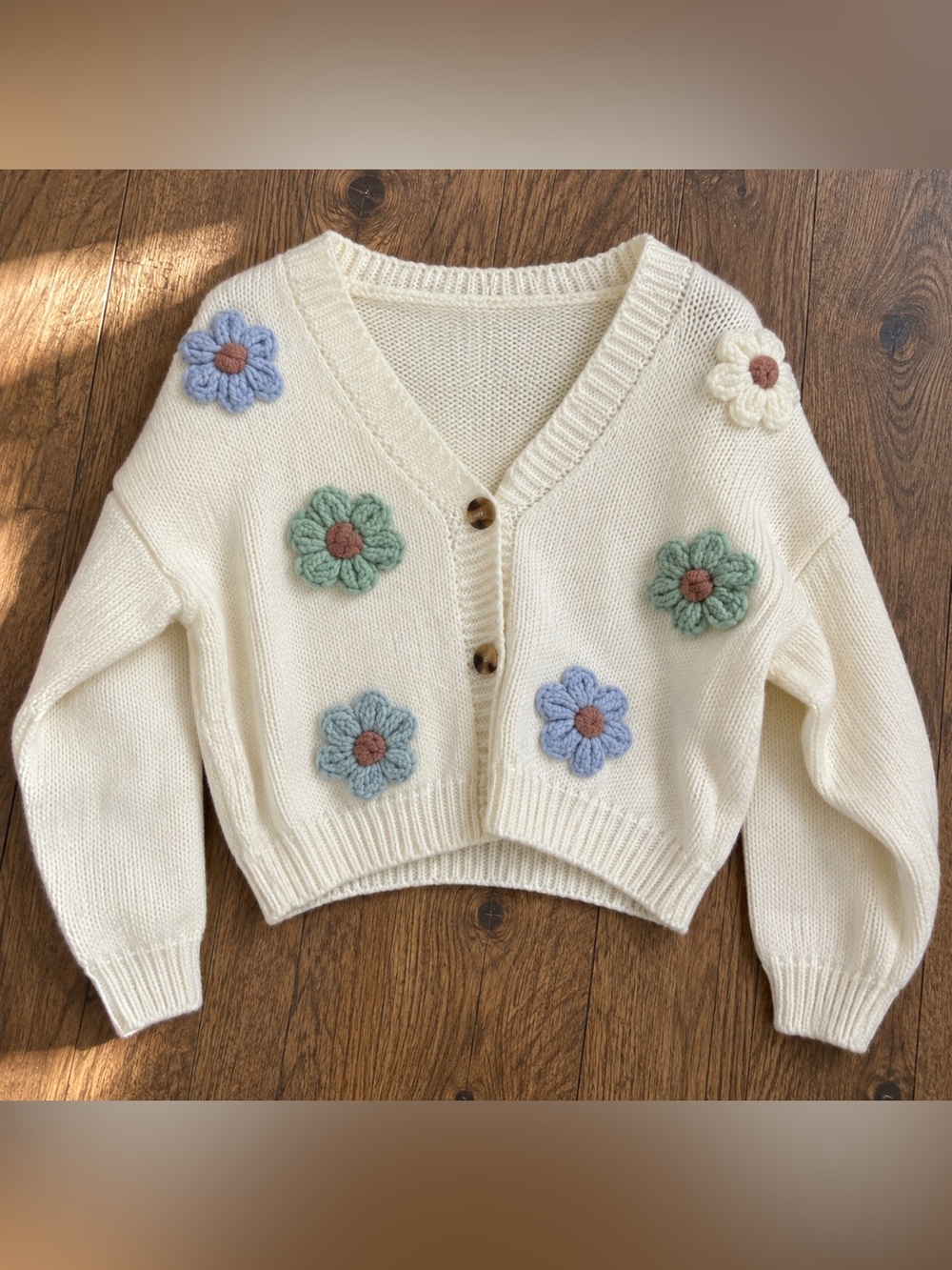 Cider Cream V-Neck Cardigan with Pastel Blue and Green Crochet Flowers Sz XL